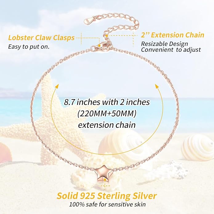 ChicSilver Personalized 925 Sterling Silver Tiny Heart/Moon/Star/Sun/Dot/Triangle Anklets Simple Dainty Foot Jewelry for Women, Silver/Gold Plated/Rose Gold Plated