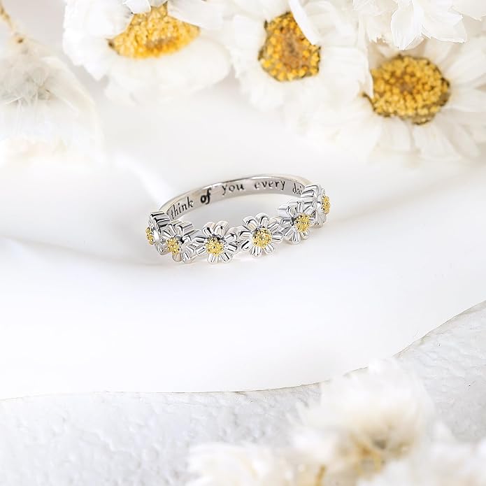 Dainty Daisy Ring for Women, S925 Sterling Silver Cubic Zirconia Sunflower Flower Ring For Daughter, I Think Of You Every Daisy Ring, Birthstone Flower Ring