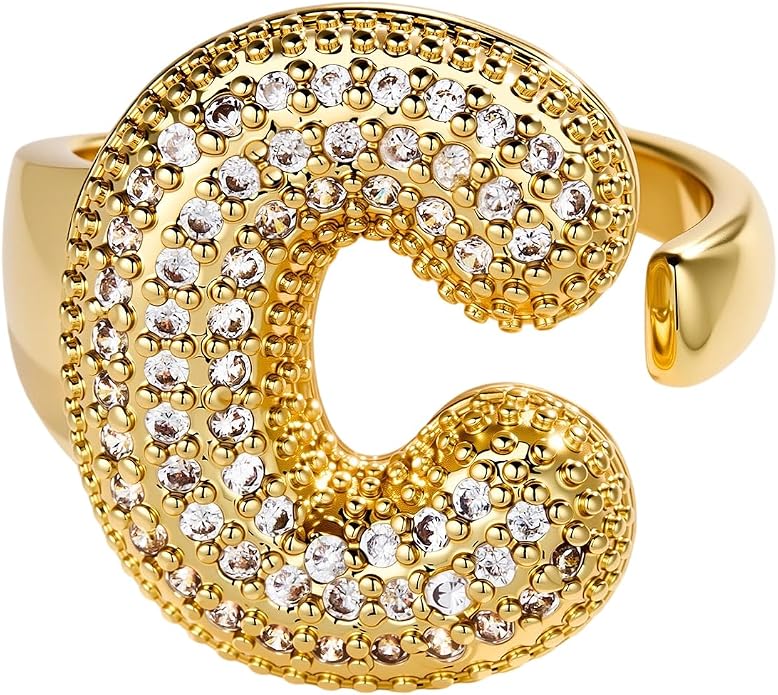 Cicy Bell Initial Rings for Women 14k Gold Plated Cubic Zirconia Delicate Letter Chunky Statement Open Rings Gifts for Her