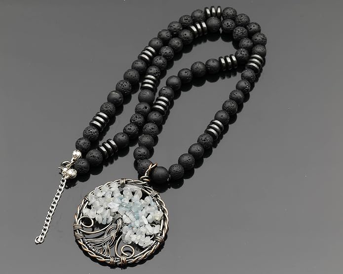ElisaJewelryArt - Natural Labradorite Big Tree Of Life Black Lava Stone Beaded Necklace Genuine Gemstone Energy Stone Clasp Closure Necklace Unisex Necklace