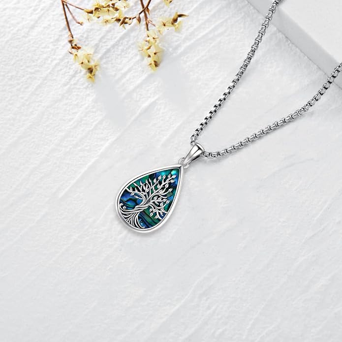 Jewelry Gifts - Tree of Life Necklace Sterling Silver Abalone Shell/Opal/Moonstone/Black Onyx/Turquoise/Malachite/Crystal Family Tree of Life Jewelry for Women Men