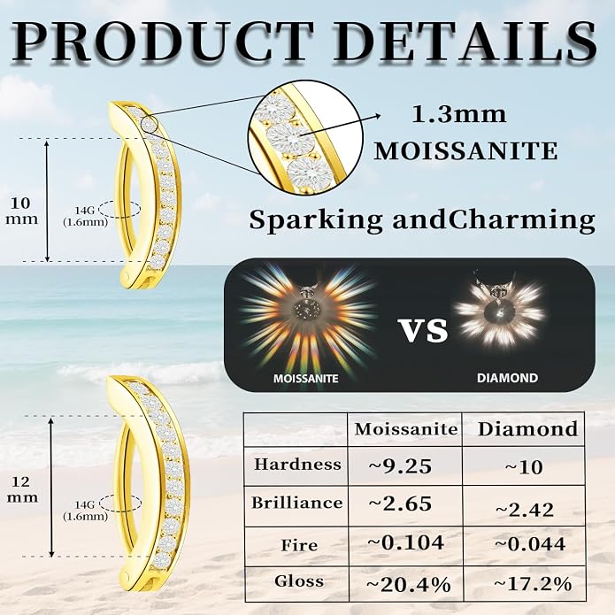 2-Piece Moissanite Belly Ring Set, Hypoallergenic Titanium Clicker with 14K Gold Plating - 10mm & 12mm Simple Reverse Navel Piercing Jewelry for Women, Men & Sensitive Skin