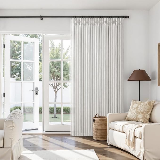 Beige White 70 Inch Extra Wide Sheer Curtains 84 Inches Long for Sliding Glass Doors, Memory Shape Pinch Pleat Flax Linen Textured Curtain Light Filtering Bedroom Window Drapes 1 Panel 7FT Length