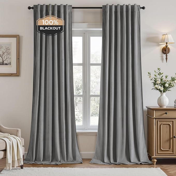 HOMEIDEAS 100% Blackout Silver Grey Velvet Curtains, Thermal Insulated Luxury Velvet Drapes for Bedroom, Living Room, Modern Farmhouse Decor, 52 x 96 Inch, 2 Panels