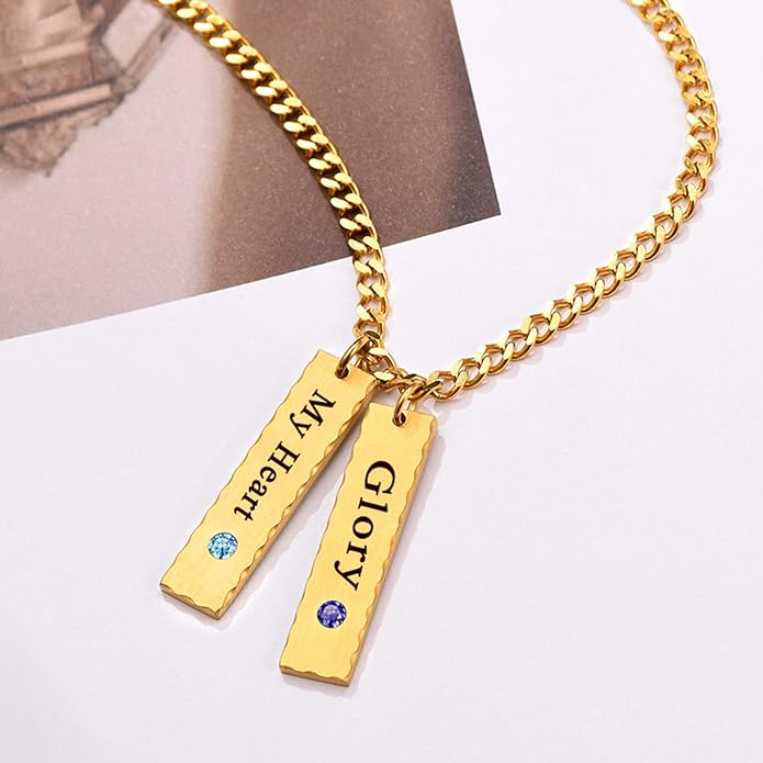 U7 Engravable Bar Necklace, Womens Choker Necklace Stainless Steel Custom Engrave Text Horizontal/Vertical Bar Pendant Necklaces for Men Women