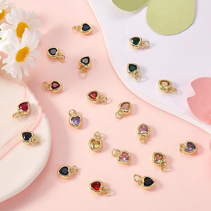 DanLingJewelry 20pcs Random Color Brass Cubic Zirconia Heart Charms Mini CZ Stone Heart Charms with Jump Ring for Jewelry Making