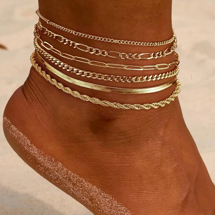 Rotnso Anklets for Women 14K Gold Silver Plated Ankle Bracelets Trendy Waterproof Boho Anklets Set Adjustable Dainty Cute Diamond Beaded Heart Non Tarnish Summer Beach Jewelry Gift