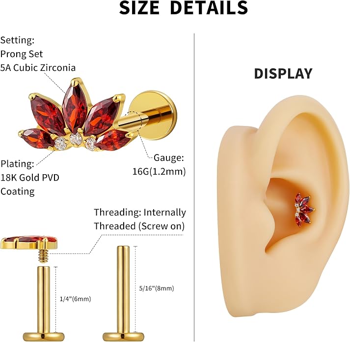 FINE4U 1PC ASTM F136 Titanium 16G Flatback Stud for Tragus, Helix, Conch 6mm 8mm - Screw on Cartilage Earring Piercing Jewelry