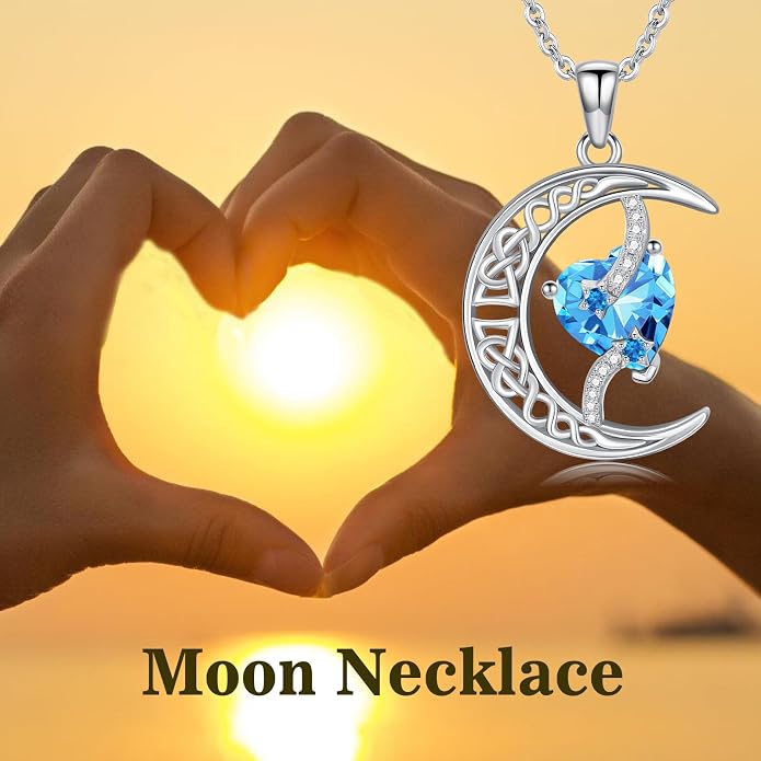TOUPOP Moon and Star Birthstone Necklace for Women 925 Sterling Silver Celtic Moon Jewelry Birthday Mothers Day Gifts for Mom Wife Her