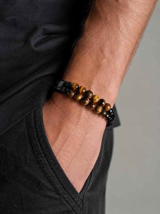 Black Braided Leather Bracelet for Men with Turquoise, Lapis Lazuli, Tiger Eye, Obsidian Stone Double-Row Wristband Beads with Stainless Steel Clasp Fashion Jewelry Gift for Him