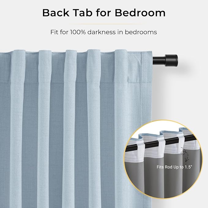 INOVADAY 100% Blackout Curtains for Bedroom, Chambray Blue Black Out Curtains 84 Inch Long, Clip Rings Linen Blackout Drapes, Thermal Insulated Room Darkening for Living Room, 2 Panels - W50xL84