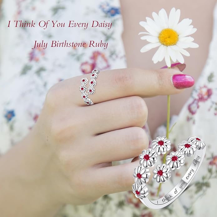 Dainty Daisy Ring for Women, S925 Sterling Silver Cubic Zirconia Sunflower Flower Ring For Daughter, I Think Of You Every Daisy Ring, Birthstone Flower Ring