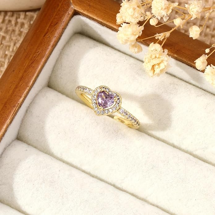Gold Birthstone Rings for Women Non Tarnish 14k Gold Plated Dainty Heart Rings Adjustable Size Cubic Zirconia Ring Gold Simulated Gemstone Rings Birthday Gifts for Women