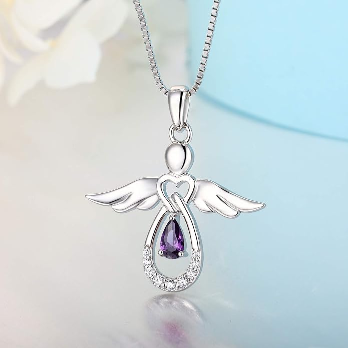 FJ Guardian Angel Necklace 925 Sterling Silver Birthstone Pendant Angel Jewelry Gifts for Women