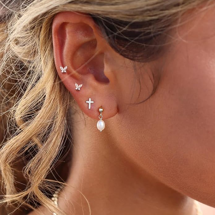 1Pcs 14K Yellow/White Gold Cartilage Earring for Women, 16G Threadless Flat Back Top Push in, Butterfly Tragus Helix Labret Lip Stud Piercing Jewelry