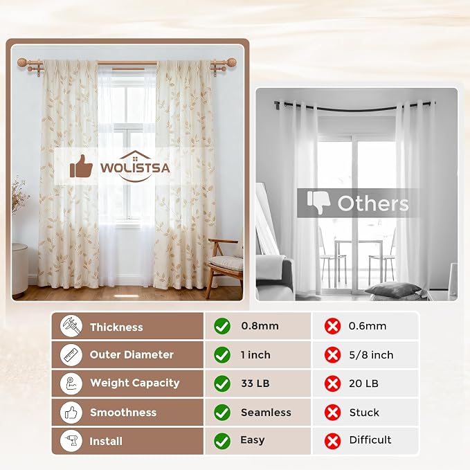 Boho Decorative Double Curtain Rods for Windows, 36-76 Inch, Wood | Handmade Wood Grain Leaf Finials, Heavy Duty Adjustable Rustic Metal Dual Layer Curtain Rod, 40 lb Capacity, Easy to Install