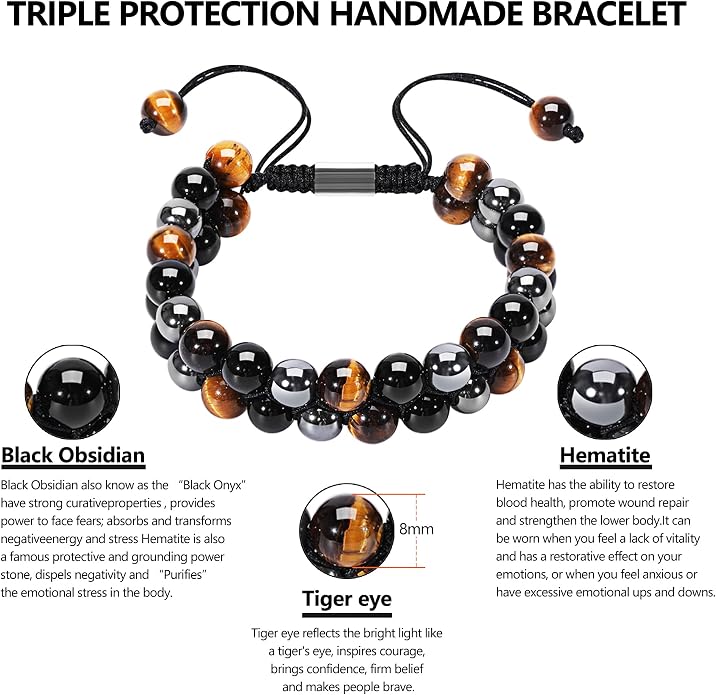 Triple Protection Bracelet, Genuine Tigers Eye Black Obsidian and Hematite 8mm Beads Bracelet for Men Women, Crystal Jewelry Stone Bracelets Gifts for Men Bring Luck Prosperity