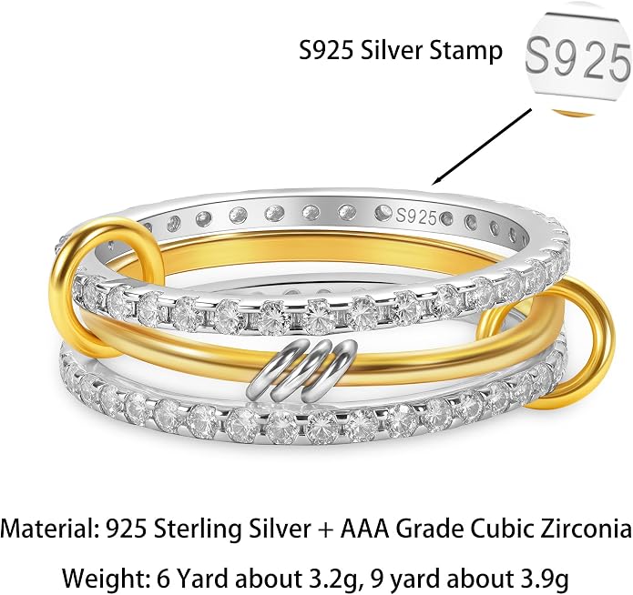 925 Sterling Silver Interlocked Spinelli Ring Stackable Rings for Women Men Non Tarnish Dainty 14K Gold Plated Chunky Rings Two Tone Cubic Zirconia Ring 3 Finger Ring Knuckle Pinky Ring Set Jewelry Gift