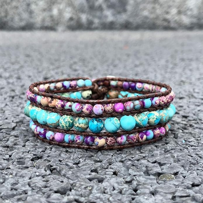 YGLINE Boho Handmade Natural Stone Bead 3 Row Wide Wrap Wrist Statment Bracelet Jewelry Collection
