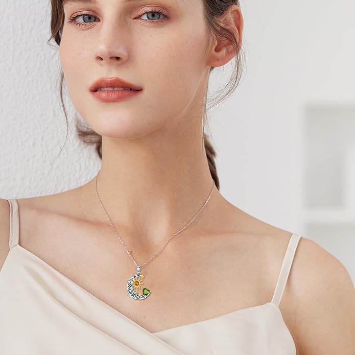 AOBOCO 925 Sterling Silver Sun and Moon Star Pendant Necklace with Simulated Birthstone, Birthday Christmas Jewelry Gift for Women Teen Girls