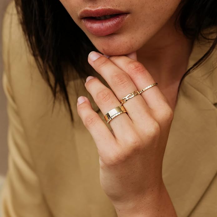 NOKMIT 5mm 14K Gold Filled Rings for Women Girls Dainty Thick Wedding Band Couple Anniversary Engagement Thumb Ring Gifts High Polished Plain Flat Cigar Band Tarnish Resistant Comfort Fit Size 4 to 11