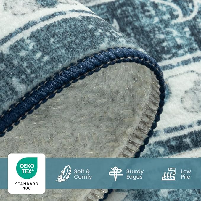 8x10 Coastal Blue White Large Area Rugs for Living Room - Boho Medallion Aesthetic Distressed Washable Rug, Soft Non-Slip Backing Low Pile Carpet for Dining Under Table, Bedroom, Office