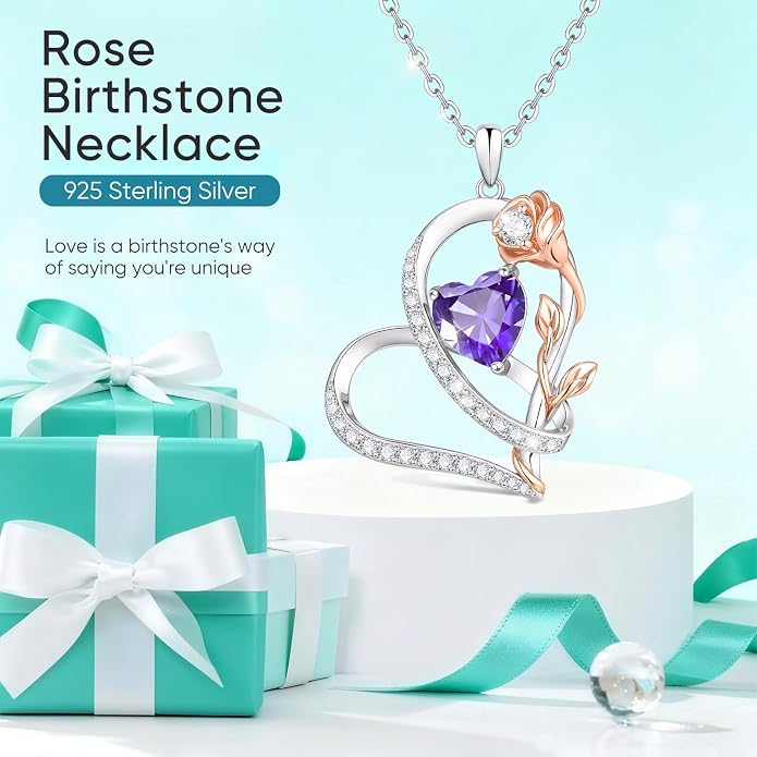 Rose Heart Birthstone Necklace for Women - Dainty 925 Sterling Silver Necklaces for Women Trendy CZ Pendant Necklace Jewelry Birthday Anniversary Christmas Gifts for Girlfriend Mom Lady Daughter