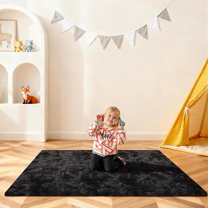 4x6 Rugs for Bedroom, Fluffy Area Rugs for Living Room, Small Fuzzy Shag Soft Non-Slip Carpet for Kids Girls and Boys Nursery Dorm Indoor Room Home Decor (4ft X 6ft, Tie-Dyed Black Grey)