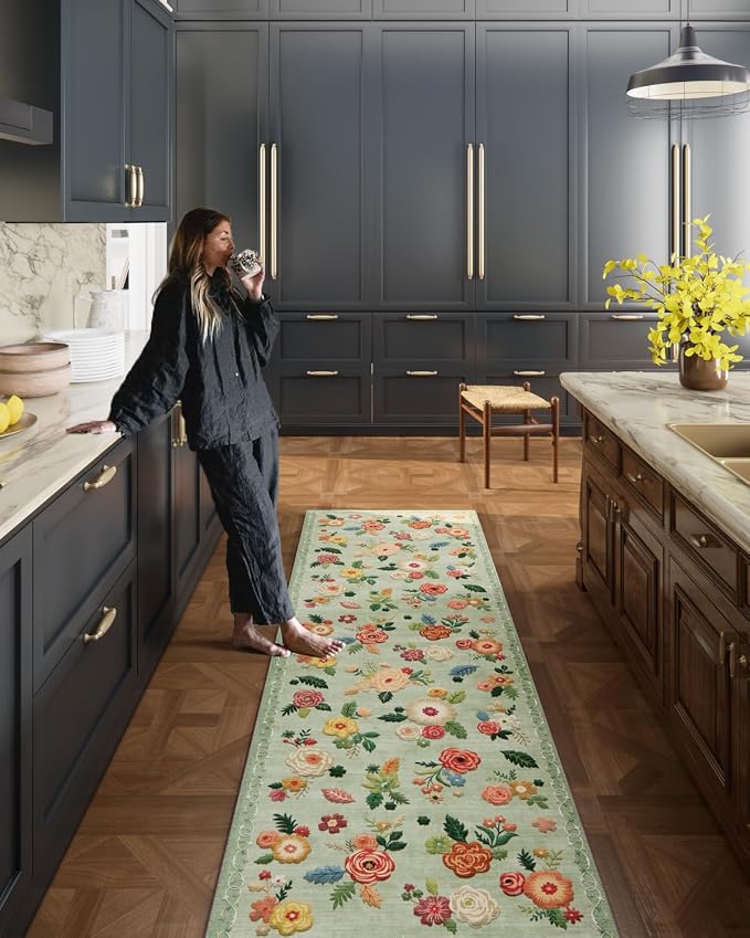 Washable Runner Rug Non Slip: 2x6 Kitchen Rug Low Pile Soft Faux Wool Non Shedding Lightweight Distressed Vintage Floral Floor Carpet Runners for Hallways Entryway Bedroom Laundry Farmhouse Office
