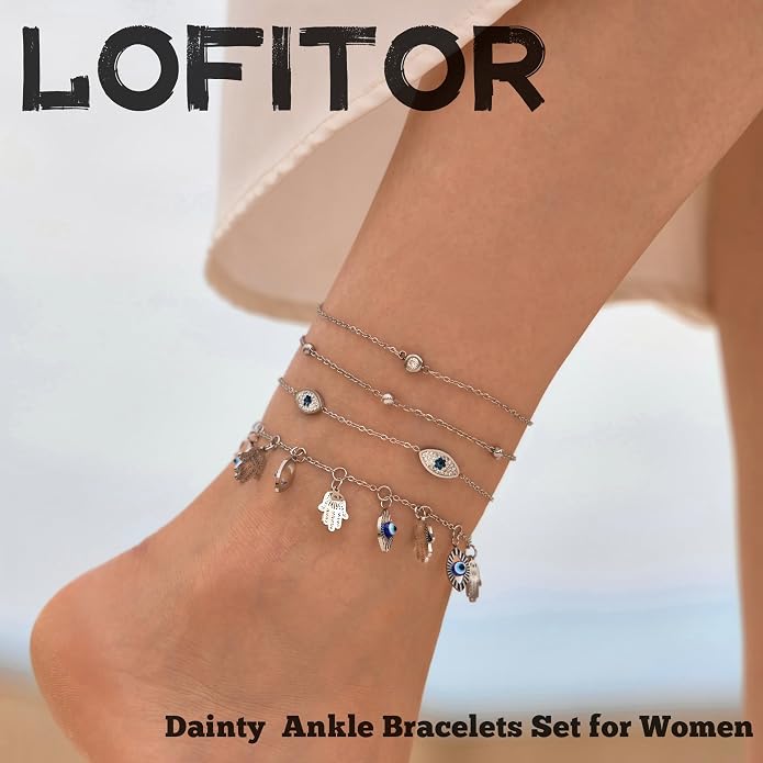 LOFITOR Ankle Bracelets for Women Glitter Waterproof Adjustable Anklet Set for Women 18K Gold Plated Silver Charm Dainty Layered Anklets, Summer Beach Anklet Jewelry for Women