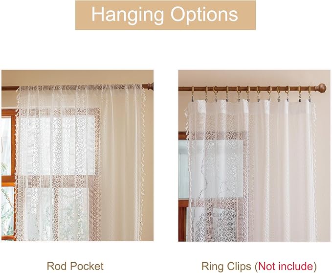 Sutuo Home White Boho Lace Curtains 72 Inches Long for Nursery Bedroom, Sheer Curtains Privacy Crochet Light Filtering Vintage Chic Tassels Bohemian Window Treatments Cream Rod Pocket, 2 Panels 50" W