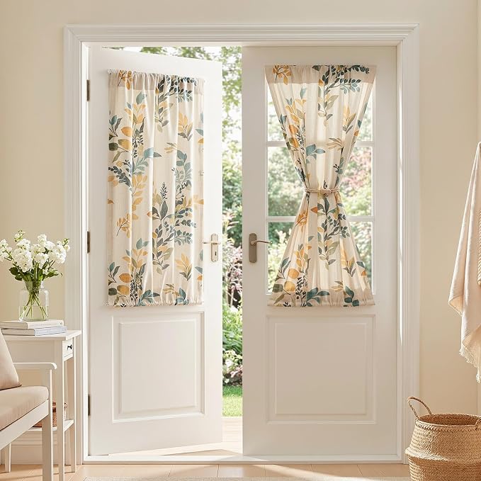 MYSKY HOME Floral Linen French Door Curtains 40 inch Long 2 Panels for Front Door Light Filtering Privacy Semi Sheer Window Curtains with Rod Pocket, Yellow and Blue, 24" W Each Panel