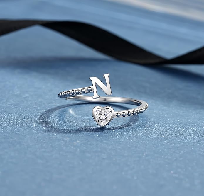 Step Forward 925 Sterling Silver Adjustable Initial Ring for Women | Non Tarnish Letter Rings for Lady | Alphabet Heart Thumb Rings | Capital Letter Jewelry Gifts