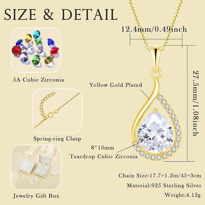 Teardrop Birthstone Necklace for Women 925 Sterling Silver White/Yellow Gold Plated Cubic Zirconia Pendant Necklace Jewelry for Her