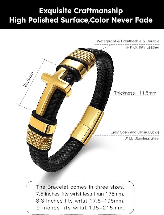 Black Cross Cuff Bracelet for Men,Stainless Steel Braided Leather Bible Verse Bracelet with Joshua 1:9 Inspirational Faith Gift for Dad,Brother,Son,family,Religious Baptism and Confirmation Gifts