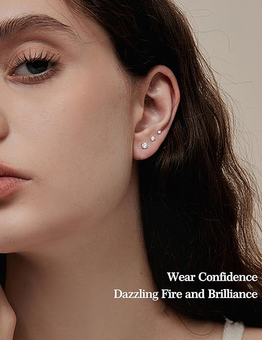 3 Pairs Moissanite Flatback Stud Earrings for Women, 925 Sterling Silver Hypoallergenic Flat Back Cartilage Earrings Set, 18K White Gold Plated