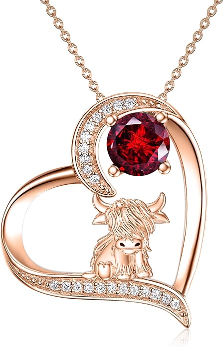 Highland Cow Gifts for Women 925 Sterling Silver Highland Cow Birthstone Necklace Fluffy Cow Jewelry Gifts Birthday Christmas