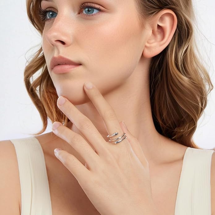 MUNDELL 925 Sterling Silver Simple Multi-layer Leaf Adjustable Ring Green Lucky Leaves Statement Ring for Women Promise Ring Fine Jewelry