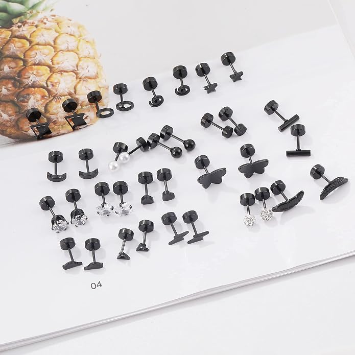 MJust 18 Pairs Women‘s Hypoallergenic Flat Back Stud Earrings, 20g Stainless Steel Earrings Sets for Men, Tiny Unisex Screw Back Cartilage Earrings.