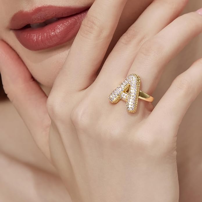 Cicy Bell Initial Rings for Women 14k Gold Plated Cubic Zirconia Delicate Letter Chunky Statement Open Rings Gifts for Her