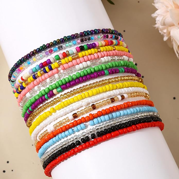 17Pcs-30Pcs Elastic Beaded Handmade Bracelets Bohemian Stackable Beaded Stretch Bracelets Colorful Boho Beach Anket Bracelet Set Rainbow Handmade Seed Beach Bracelet Summer Jewelry for Women