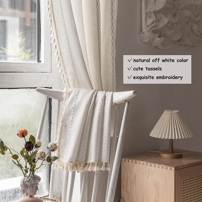 Boho Embroidery Linen Curtains 108 Inches Long for Living Room, 2 Panels Set, Cream Off White Light Filtering Farmhouse Draperies for Bedroom, Rod Pocket, 52" W x 108" L