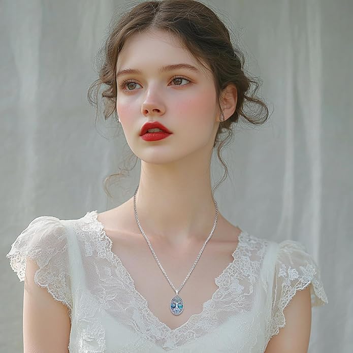 Sterling Silver Tree of Life Necklace for Women Oval Family Tree Necklace Abalone Shell Moonstone Pendant Mother Day Necklace for Mom Tree of Life Jewelry