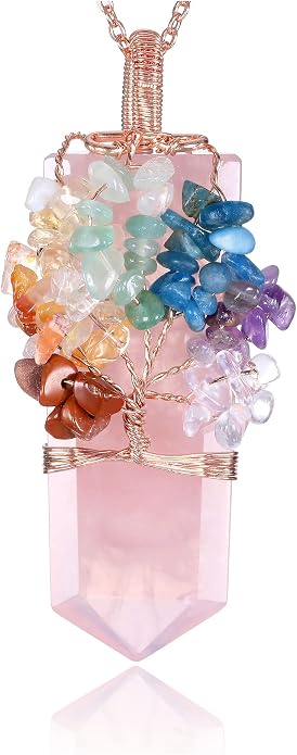Natural 7 Chakra Stone Life Tree Pendant Necklace Reiki Healing Crystal Tumbled Stones Necklace Women Jewelry for Good Luck, Meditation, Protection, Energy Balancing, Gift