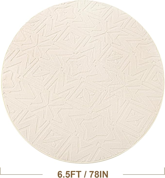 Carvapet 6.5' Round Rug Washable High Low Pile Area Rug Soft Plush Beige Carpet for Living Room Bedroom Non Slip Indoor Floor Rug for Home Kids Nursery Decor