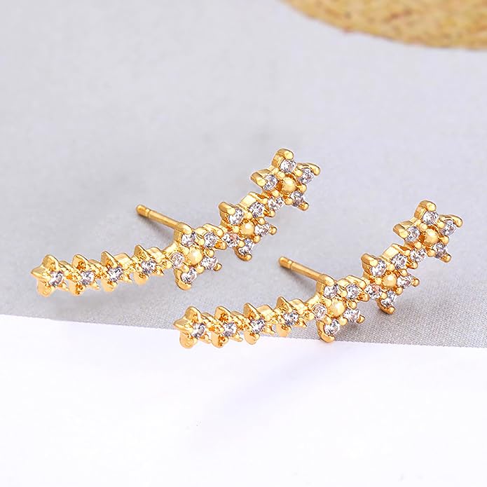 Dainty Flowers Ear Climbers Stud Earrings for Women 925 Sterling Silver Diamond Flower Cuff Crawler Earrings for Mom 14K Gold Plated Cute White Cubic Zirconia Earrings Wedding Graduation Jewelry Gifts