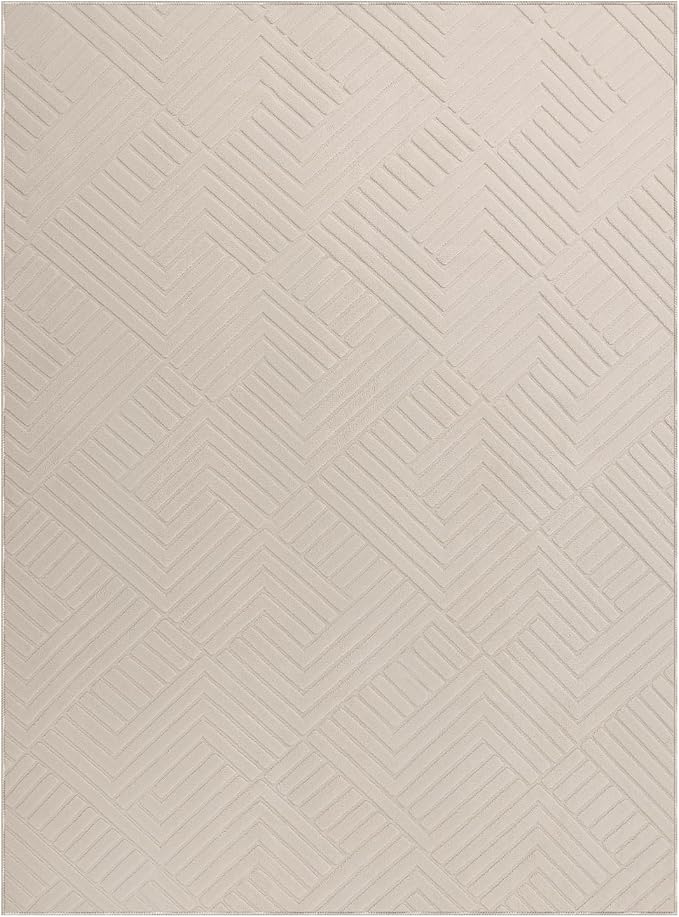 Bsmathom 9x12 Washable Area Rug, Boho Neutral Modern Soft Carpet Mat, Beige | Machine Washable, Low Pile Fluffy Plush, Non-slip, Geometric Textured, For Living Dining Kids Room Bedroom Indoor Dorm