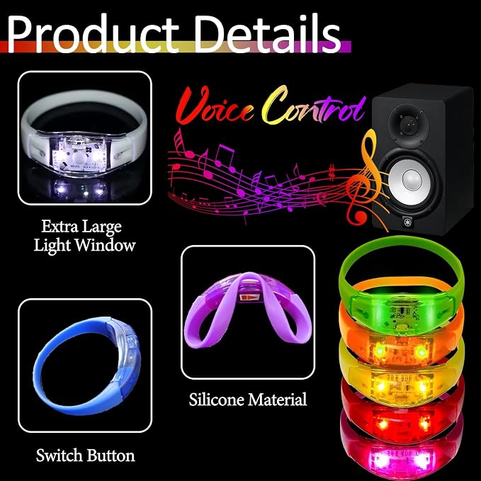 24 Pcs LED Glow Bracelets Sound Activated Flashing Light Up Bracelet for New Years Eve Glow in the Dark Party Supplies Christmas Party Favors Birthday Gift Carnival Concerts Night Events