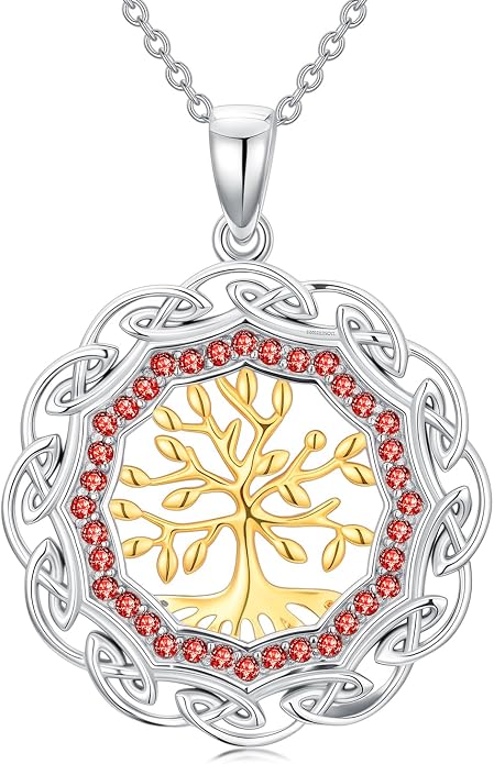 Sterling Silver Birthstone Celtic Tree of Life Necklace, 18K Gold Plated Colored Gemstone Tree of Life Pendant Two-Tone Necklaces Jewelry Birthday Gifts for Women 18" - 20"