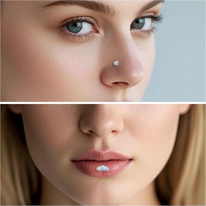 Ruifan Titanium Flat Back Lip Rings Internally Threaded Earrings Studs Nose Rings 16G Opal CZ Tragus Cartilage Lobe Rook Helix Conch Labret Medusa Piercing Jewelry for Women Men W Piercing Taper Set
